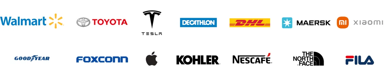 Logos of Walmart, Toyota, Tesla, Decathlon, DHL, Maersk, Xiaomi, Goodyear, Foxconn, Apple, Kohler, Nescafe, The North Face and FILA